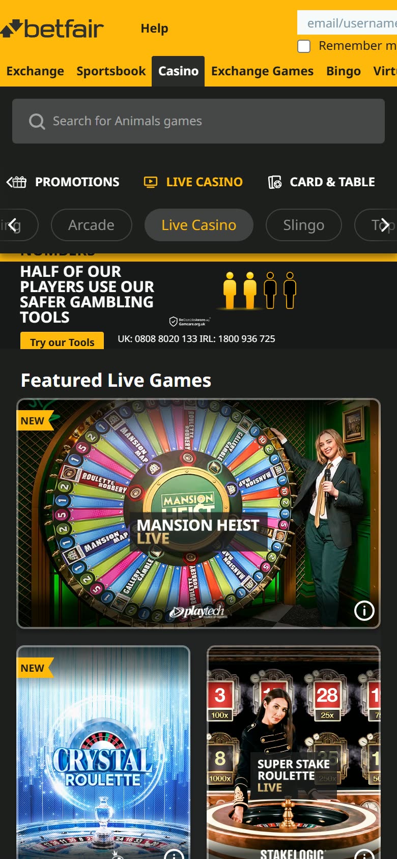 Betfair Casino Live casino as served to a logged-out mobile visitor on 2026-09-20; unaltered screenshot