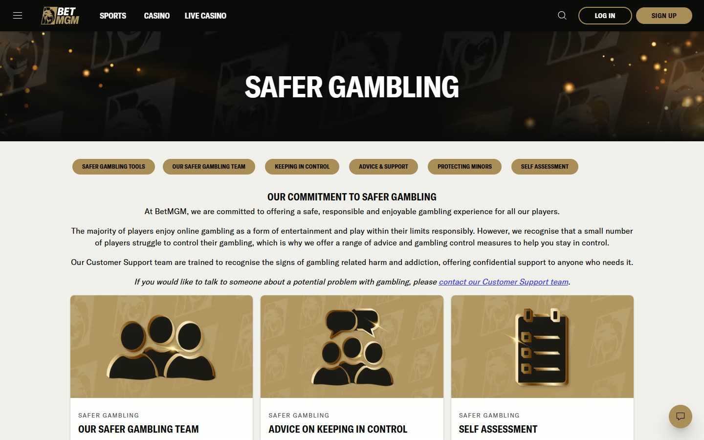 BetMGM UK Safer-gambling tools as served to a logged-out desktop visitor on 2026-09-25; unaltered screenshot