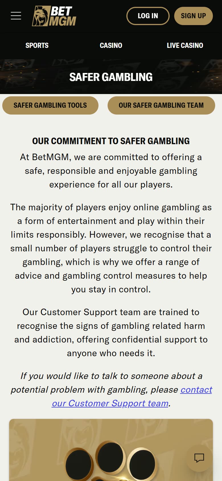 BetMGM UK Safer-gambling tools as served to a logged-out mobile visitor on 2026-09-25; unaltered screenshot
