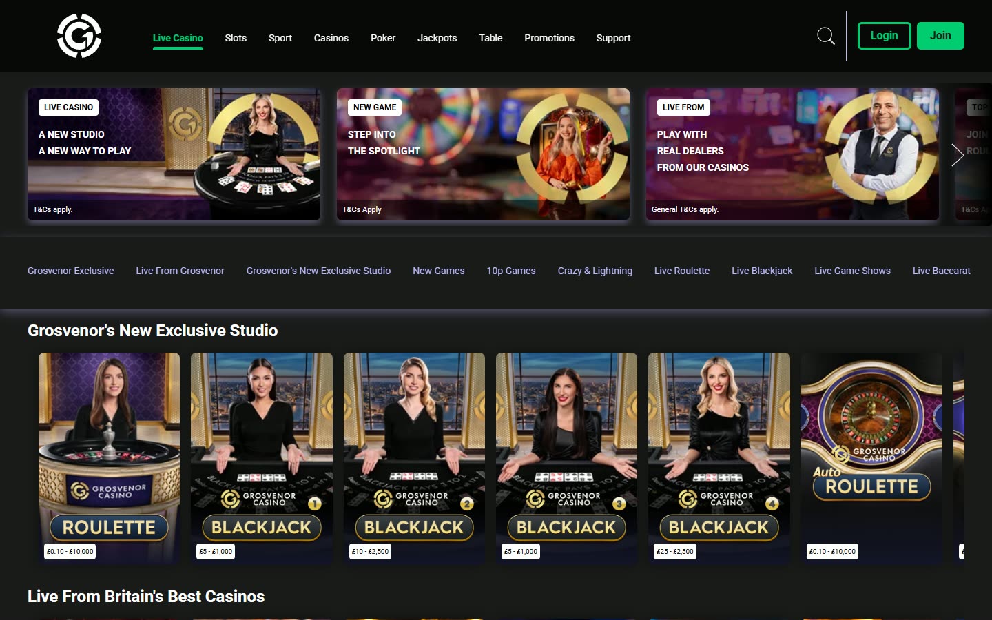 Grosvenor Casinos Live casino as served to a logged-out desktop visitor on 2026-09-20; unaltered screenshot