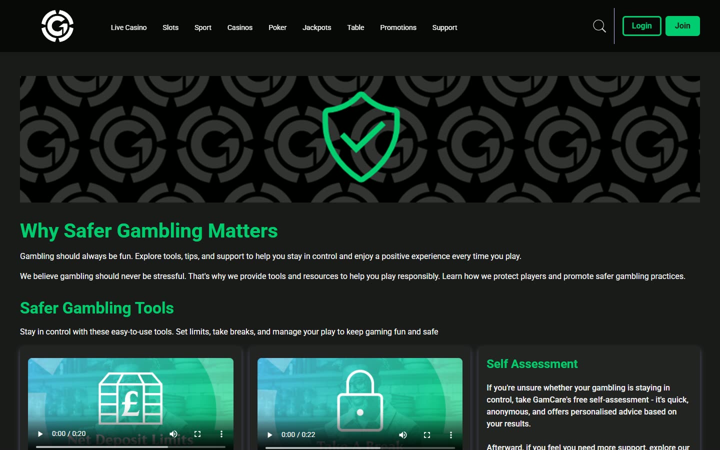 Grosvenor Casinos Safer-gambling tools as served to a logged-out desktop visitor on 2026-09-20; unaltered screenshot