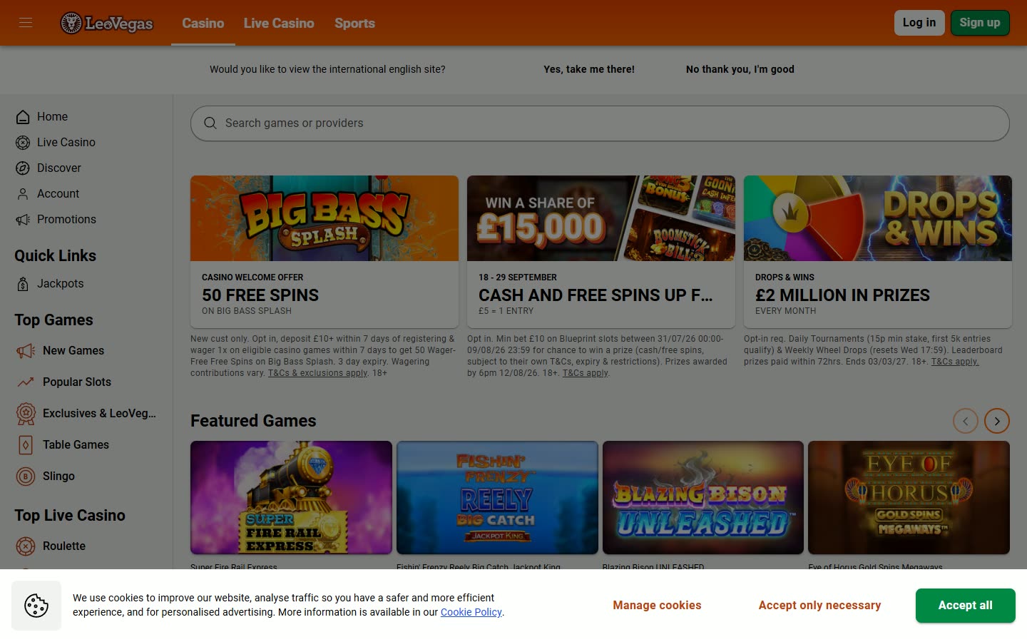 LeoVegas UK Casino lobby as served to a logged-out desktop visitor on 2026-09-20; unaltered screenshot