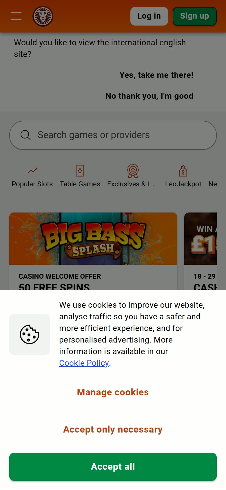 LeoVegas UK Casino lobby as served to a logged-out mobile visitor on 2026-09-20; unaltered screenshot