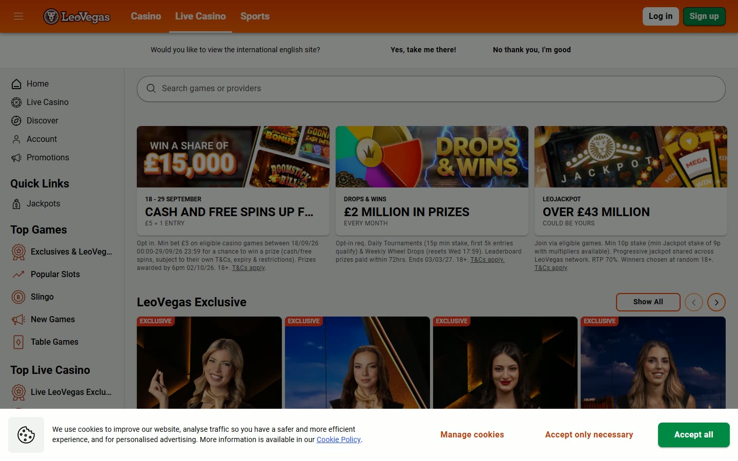 LeoVegas UK Live casino as served to a logged-out desktop visitor on 2026-09-20; unaltered screenshot