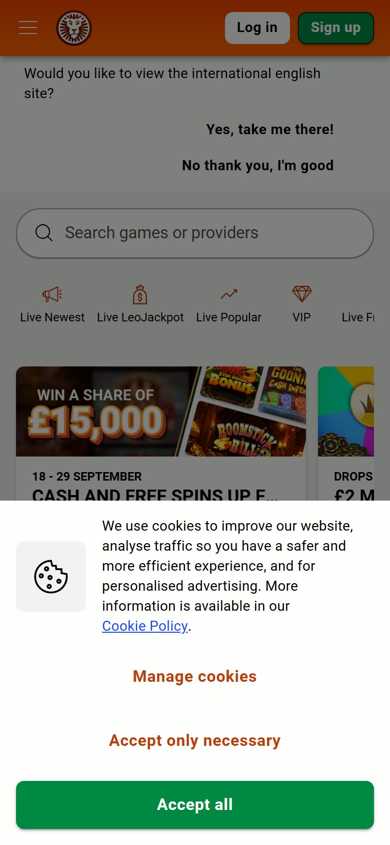 LeoVegas UK Live casino as served to a logged-out mobile visitor on 2026-09-20; unaltered screenshot