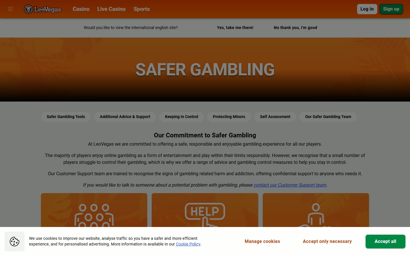 LeoVegas UK Safer-gambling tools as served to a logged-out desktop visitor on 2026-09-20; unaltered screenshot